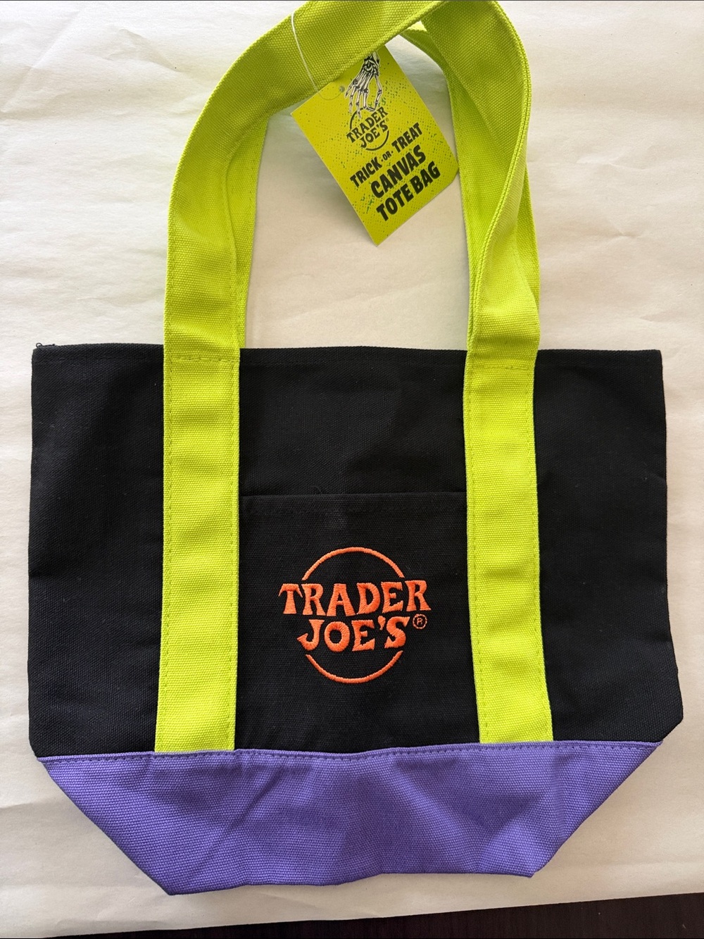 Trader Joe's Black Canvas Tote with Lime Straps and Purple Base. Small tote